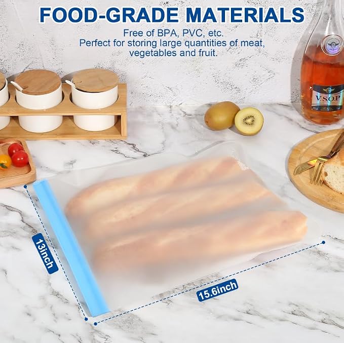 Lerine Reusable 2 Gallon Freezer Bags Dishwasher Safe, Food Storage Bags | 5 Pack, 13"x15.6", BPA-Free, Food-Grade Material, Freezer Safe, Leakproof, Double-Seal, for Marinating Meats, Vegetables