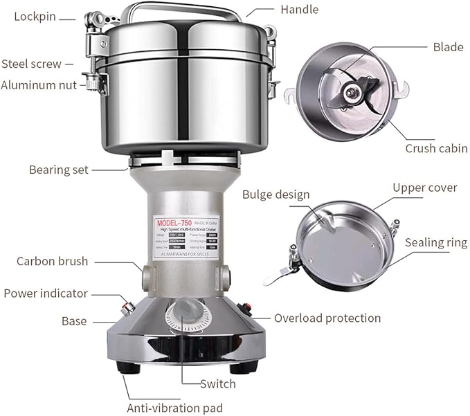 Grain Mill Grinder 750g High Speed Electric Stainless Steel Grinder Cereals Corn Flour Pulverizer Powder Machine for Dry Spice Herbs Grains Coffee Rice Pepper