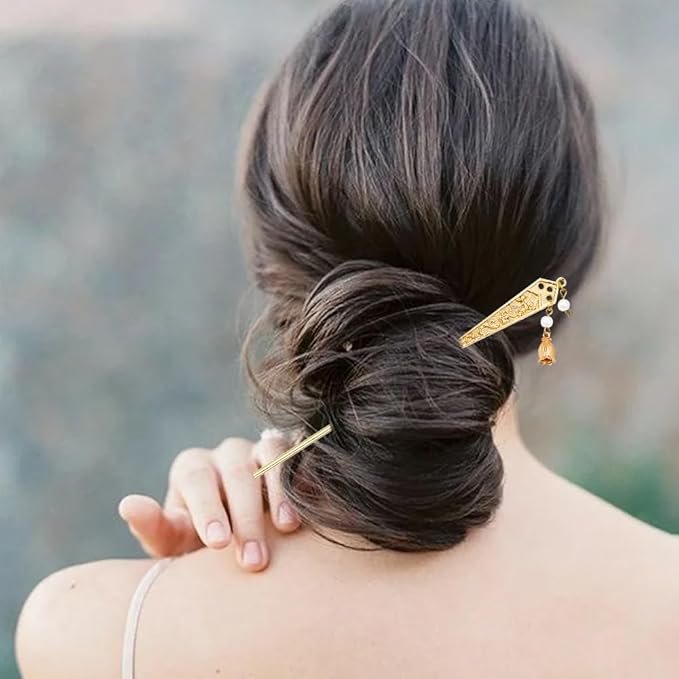 10PCS Gold Decorative Vintage Retro Pearl Gold Metal Hair Sticks Pins with Pendants Chinese Hanfu Asian Flower Butterfly Hair Chopsticks Hair Bun Updo Holders Long Thick Hair Accessories for Women