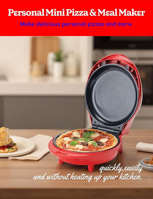 Betty Crocker 7.5" Mini Pizza & Meal Maker, 1000W Indoor Electric Grill, Nonstick Pan for Pizzas, Quesadillas, Nachos and more, Personal Pizza Machine for Delicious Meals and Snacks, BC-5962RC, Red