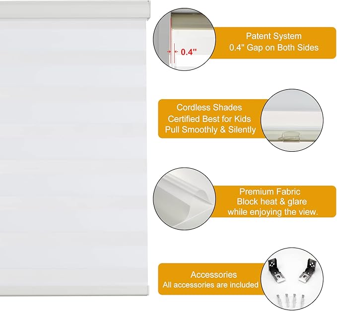 Persilux Cordless Zebra Blinds for Windows Free-Stop Roller Windows Shades (34" W X 47" H, Cream) Dual Layer Light Control for Day and Night, Light Filtering Sheer Shades for Home, Bedroom