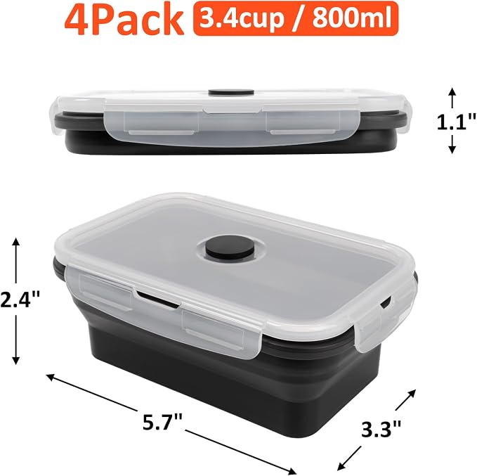 Collapsible Silicone Food Storage Containers Set with Lid & Air Vent,Foldable Lunch Containers(4PCS,Black,27oz)