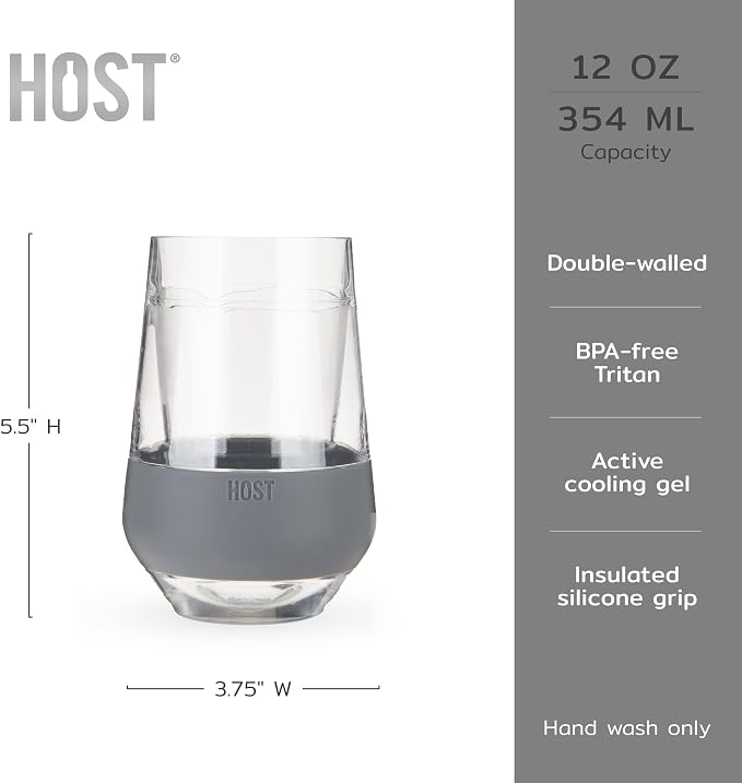 Host Freeze XL Wine Cooling Cups for Gifts for Mom, Birthday Gifts for Women, Double Wall Insulated Plastic Wine Glasses for Red and White Wines, Freezable Plastic Tumblers, 12 oz, Set of 2, Gray