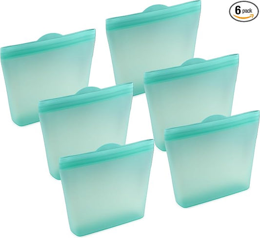 Home Logic Reusable Sandwich Bags - Set of 6 Pool Blue Silicone Freezer Bags, Airtight Leak Resistant Reusable Zip Bags for Kitchen Home Food Prep, Microwave & Sous Vide Safe