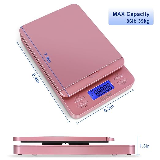 Fuzion Shipping Scale, Digital Postage Scale for Packages 86 lb/0.1oz with Hold and Tare, Postal Scale with Flip Holder, Package Scale for Small Business, Battery & AC Adapter, Rose Gold
