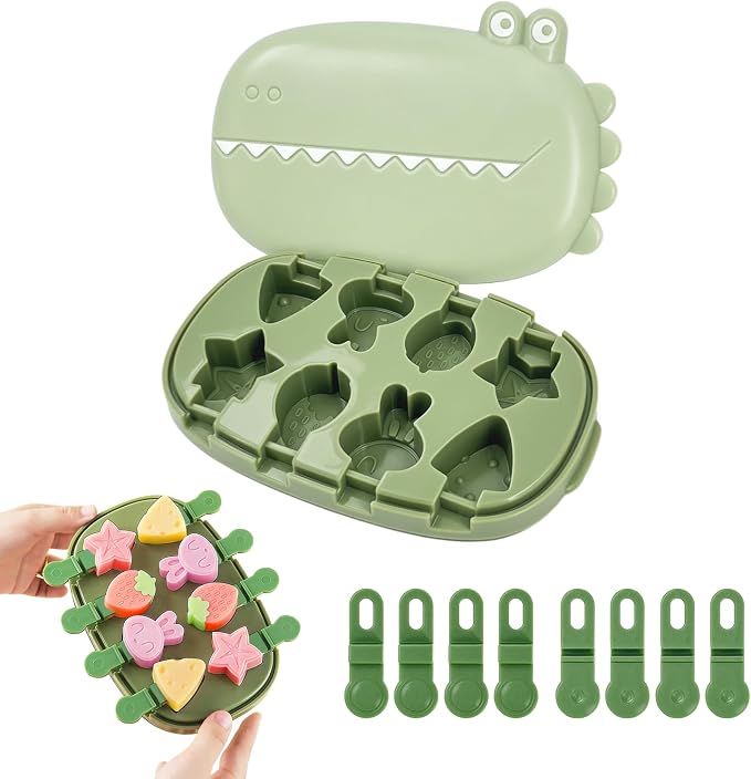 Popsicle Mold, Silicone Dinosaur Animal Mini Popsicle Molds Set with 8 Sticks – Reusable Small Ice Pop Maker for Homemade Frozen Treats, Easy to Clean & Dishwasher Safe