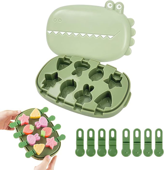 Popsicle Mold, Silicone Dinosaur Animal Mini Popsicle Molds Set with 8 Sticks – Reusable Small Ice Pop Maker for Homemade Frozen Treats, Easy to Clean & Dishwasher Safe
