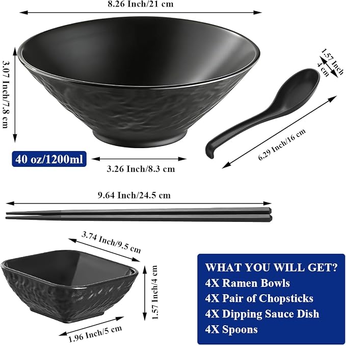 Berglander Ramen Bowl Set 40 oz of 4 with Dipping Bowls Chopsticks Spoons, Unbreakable Japanese Style Plastic Noodle Soup Bowls for Asian Pho Soup Thai Miso Udon Wonton