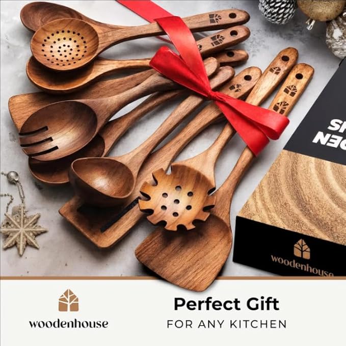 Wooden Spoons for Cooking, 10 Pcs Teak Wood Utensil Set for Nonstick | Durable, Heat Resistant & Food-Safe with Ergonomic Handles – Woodenhouse Kitchen Cookware