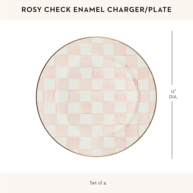 MACKENZIE-CHILDS Enamel Charger Plate, Charger Decoration for Dinner Plates or Home Decor, 12 Inches, Pink-and-White Rosy Check, Set of 4