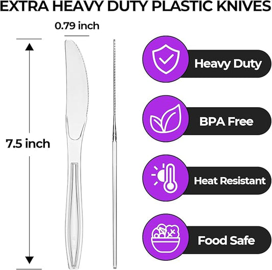 [100 Count] Clear Plastic Knives Heavy Duty, Disposable Steak Knives Plastic Silverware Bulk Washable Cutlery Set Serving Utensils Tableware for Party Supplies,Daily Use,Picnic,Camping,Wedding,BBQ