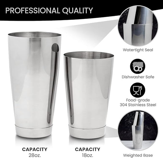 Cocktail Set - Stainless Steel, Essential Cocktail Set Includes Jigger, Hawthorne Strainer, Shaking Tins, Mixing Glass, Barspoon (Set of 6)