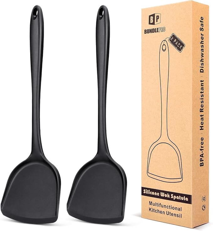 BUNDLEPRO Silicone Seamless Wok Spatula, 2 Pack, Black | Non-Stick, Heat Resistant, Easy to Clean, Dishwasher Safe, Kitchen Utensils for Cooking, Baking, Stir-Fry