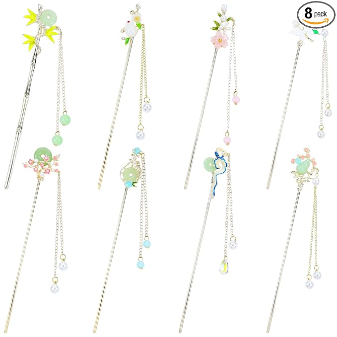 inSowni 8 Pieces Retro Asian Chinese Traditional Hanfu Gold Metal Artificial Jade Bamboo Flower Butterfly Hair Pins with Pearl Bead Pendants Long Hair Sticks Forks Bun Updo Hairpins for Women Girls