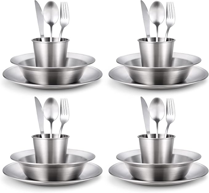 Odoland Stainless Steel Camping Mess Kit for Family & Person | Cooking Tableware Utensils with Plates Bowls Forks Spoons Knives & Savings Bag for Camping, Backpacking, Hiking, Picnic
