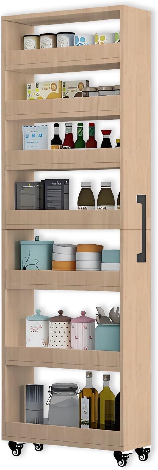 7-Tier Slim Storage Cart, Wooden Rolling Pantry Cabinet with Wheels, Narrow Shelf Organizer for Kitchen, Bakers Rack, Dining Room, Closet, Small Spaces Light Walnut 73.2''H*5.9''W*23.6''D