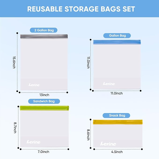 Lerine 14 Pack Reusable Freezer Bags Stand-Up Dishwasher Safe, BPA-Free Reusable Gallon Bags, Leakproof Food Storage Bags for Meat Vegetables Bread Travel (Multicolor, 4 Gallon 6 Sandwich 4 Snack)