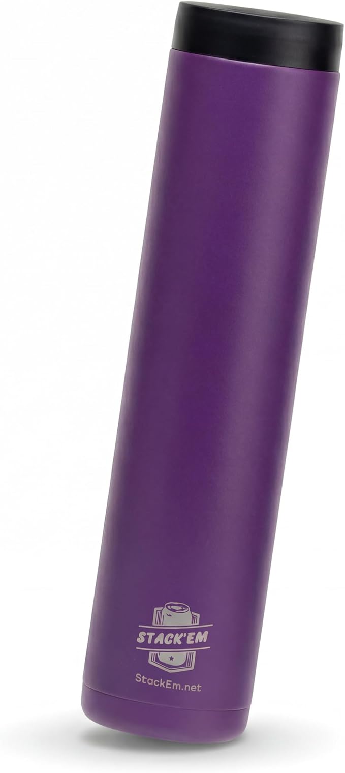 Stack'Em Patented Skinny Can Cooler Insulator - Holds Two 12 oz Slim Cans - Stainless Steel Stackable Thermocooler - Reusable Drink Holder for Beer, Seltzer, Soda, Energy Drinks (Purple)