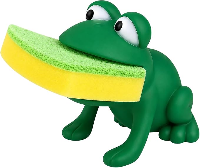 Dependable Industries inc. Essentials Frog Sponge Holder with Dual-Sided Sponge, Green Animal Shape Kitchen Sink Sponge Caddy, Cute Plastic Dish Sponge Organizer, Novelty Countertop Decor Gift