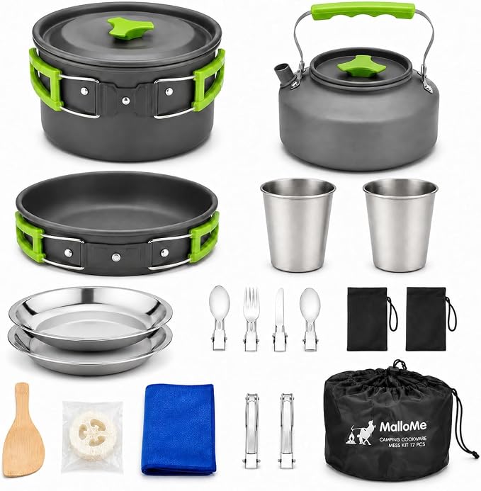 MalloMe Camping Cookware Mess Kit for Backpacking Gear – Camping Cooking Set - Camping Pots and Pans Set - Backpacking Stove/Portable Stove Compatible - Camp Kitchen Equipment Accessories Pot