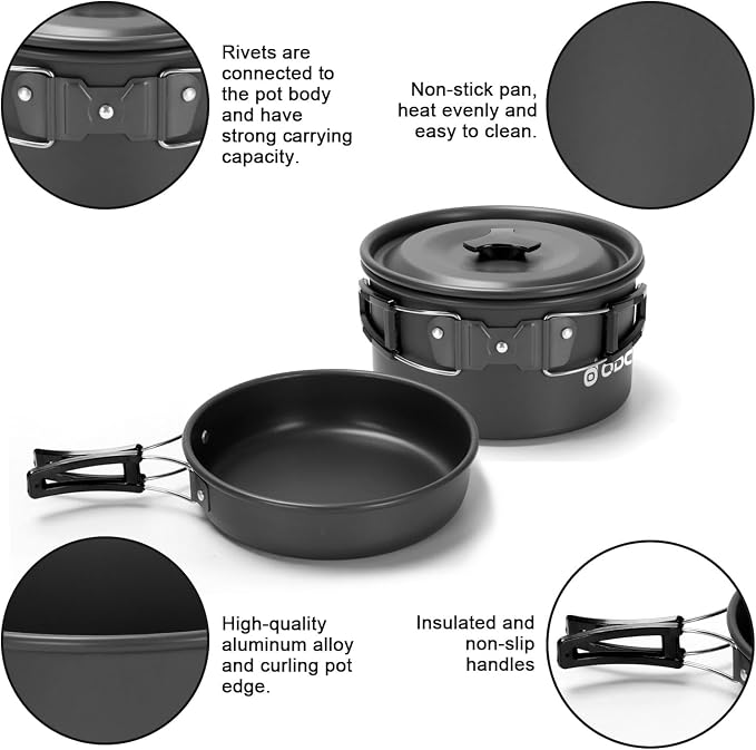 Odoland 16pcs Camping Cookware Mess Kit, with Folding Camping Stove | Anodized Aluminum, for Hiking, Outdoor Cooking and Picnic, 1.9L Pot 0.8L Kettle 0.86L Pan 3000W Stove, Little Compact Pot Set