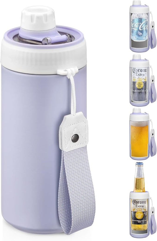 MAXSO Sealed Can Cooler Fizz Lid Can Cover for 12 oz Regular, Slim Skinny Cans & As Thermal Bottle, 4-in-1 Insulated Vacuum Stainless Steel Carbonated Cold Drink Holder - Lilac