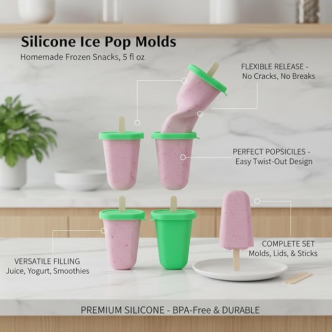 Easy-Release Homemade Popsicles with Silicone Mold, Lids & Sticks for Juice or Yogurt, 5 fl oz Capacity