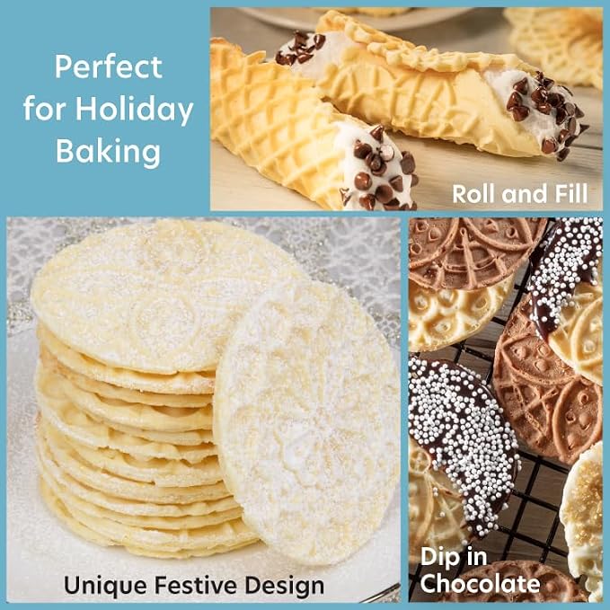 Piccolo Pizzelle Baker, Non-Stick Electric Press Makes 4 Mini Cookies | Even Heating Plates, Fun Baking Machine with Recipe Guide, Brunch Party Supplies, Italian Waffle Dessert Treat, Gift for Her