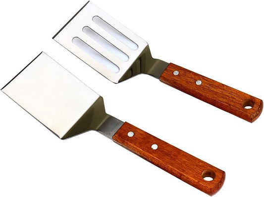 2 PCS Metal Spatula for Cast Iron Skillet, Stainless Steel Grill Spatula Slotted Turner Fish with Wood Handle Flat Top Griddle for Cooking BBQ