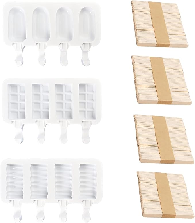 Popsicle Molds Set, 3 Silicone Ice Cream Bar Molds with 200 Wooden Sticks, Frozen Treats Molds Reusable, Non-stick, Easy to Use, Summer Treats, Kid Party, DIY Snacks