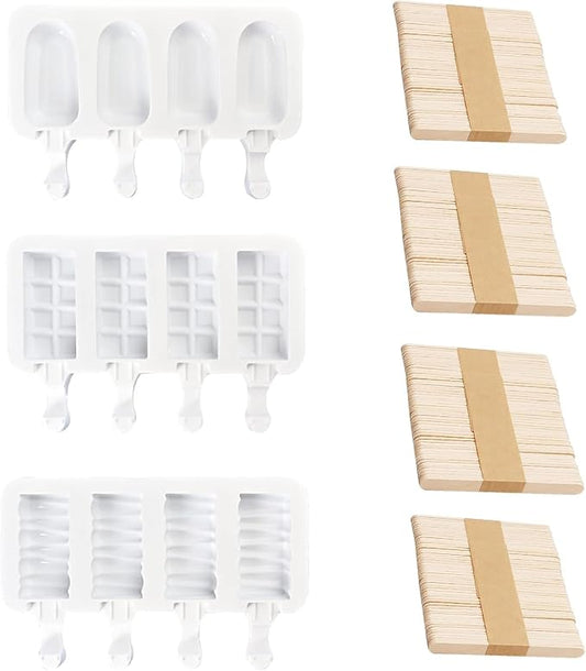 Popsicle Molds Set, 3 Silicone Ice Cream Bar Molds with 200 Wooden Sticks, Frozen Treats Molds Reusable, Non-stick, Easy to Use, Summer Treats, Kid Party, DIY Snacks