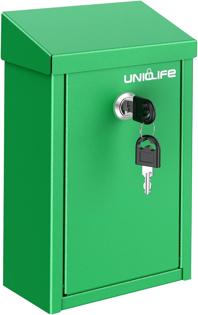 Uniclife Green Metal Donation Box, Wall Mounted Mailbox for Outside | Safe Suggestion Box with Key Lock, Steel Key Drop Box for Outside, Cash Box for Home Office and Business