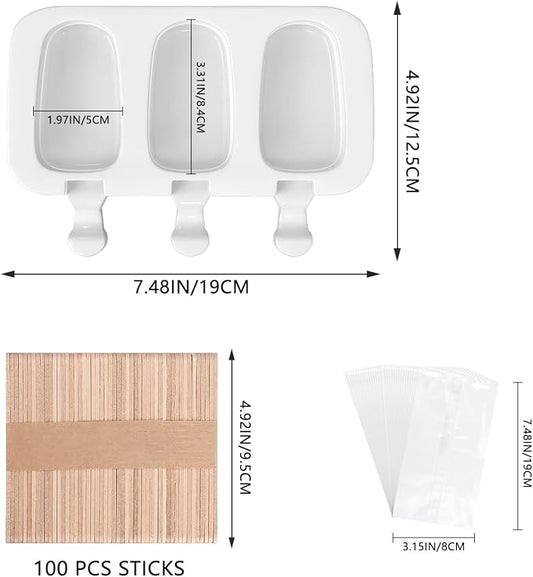 3 Pack Silicone Popsicle Molds with Lids, Cakesicle Ice Cream Mould, White | 3 Cavities per Mold, Food Grade Silicone, Includes 100 Wooden Sticks & 100 Bags, for Cake Pops, Ice Cream, Homemade Desserts