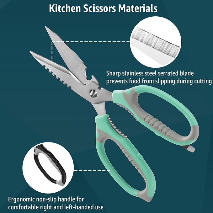 BoFuYuan Detachable Heavy Duty Kitchen Scissors for Food 9-Inch Green | Dishwasher Safe, Sharp Serrated Blade, Multifunctional, Ergonomic Non-Slip Handle, Multipurpose Cooking Food Cutting Shears
