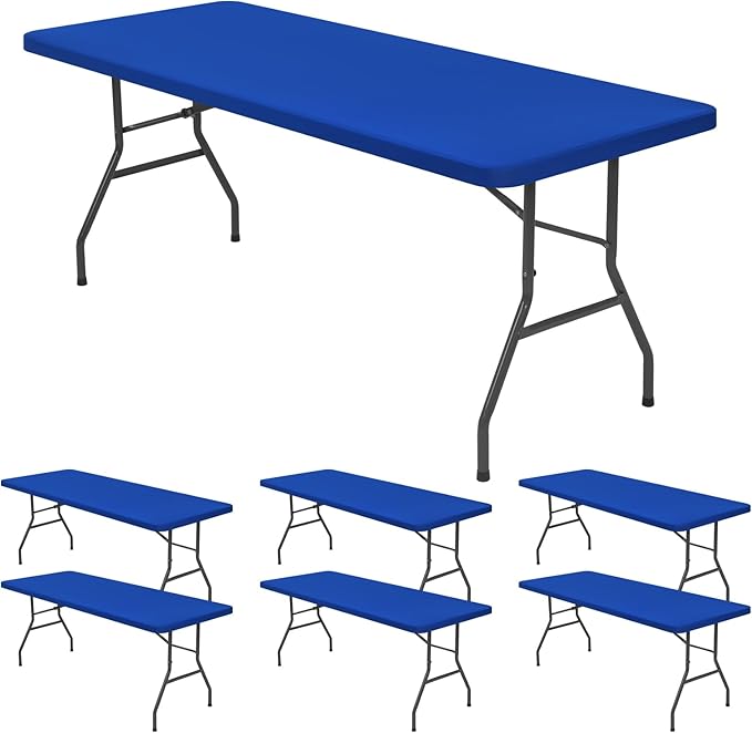 6 Pack Stretch Fabric Table Top Cap Cover, fits 8' Tables, Spandex Table Covers Washable Elastic Rectangle Tablecloth Protector for Indoor Outdoor Party Picnic Wedding, Royal Blue, 30" W x 96" L