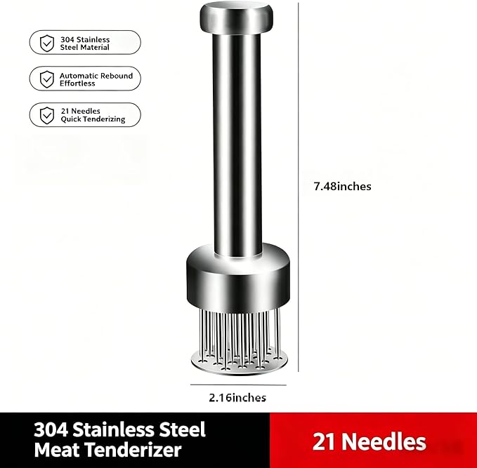 Meat Tenderizer Tool | 21 Auto Rebound 304 Stainless Steel Meat Tenderizer, Dishwasher Safe for Steak Pork Chicken Salmon