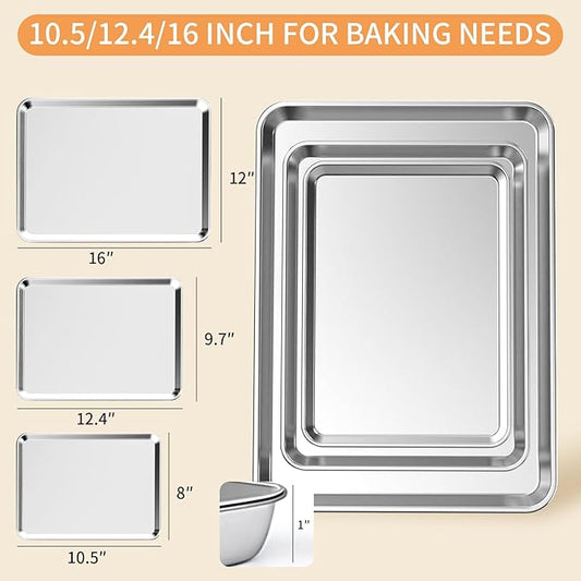 Baking Sheet Set of 3, Stainless Steel Cookie Sheets Baking Sheet Pan, 10.5/12.4/16 Inch, Thicker and Firmer Baking Pans Set, Non-stick, Non toxic & Heavy Duty & Easy Clean，Dishwasher Safe