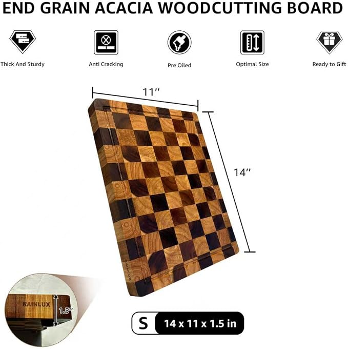 Acacia Wood Cutting Boards for Kitchen, Checkered Chopping Board with Juice Grooves & Handles, Large Butcher Block Serving Tray with Non‑Slip Feet, 14" × 11" × 1.5"