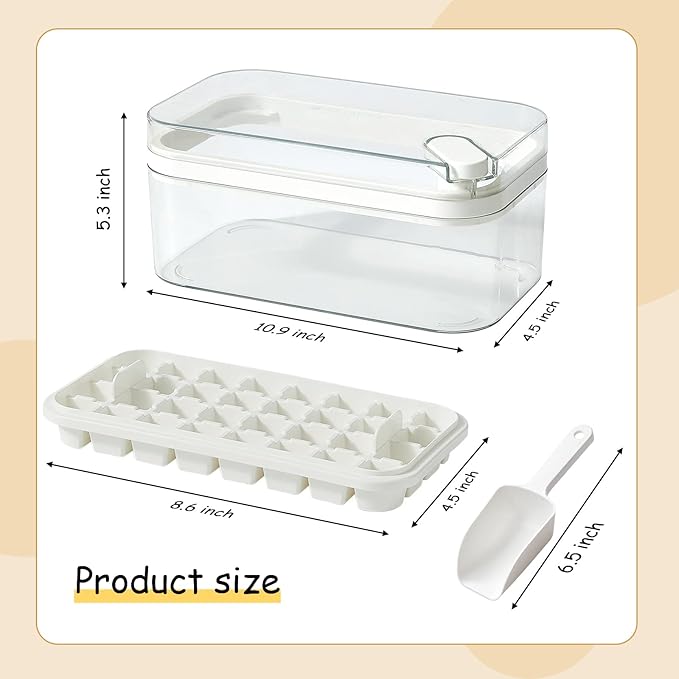 Ice Cube Tray with Lid and Bin, 2 Pack Ice Cube Trays for Freezer, 64 Pcs Ice Cube Mold, Press Button Easy Release Ice Tray, Small Ice Cubes Maker for Drinks (White)