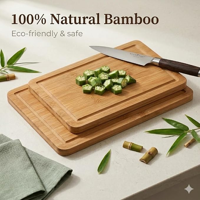 2-Piece Deep Carbonized Bamboo Cutting Board Set with Vertical Drying Stand | Wooden Chopping Boards for Kitchen | Extra Deep Juice Grooves & Easy-Carry Side Handles | Gift-Ready