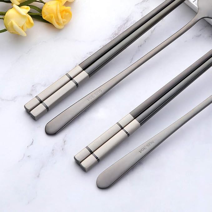 Buyer Star Stainless Steel Korean Chopsticks Spoons and Fork Set, 2 Pack Reusable Forks and Spoons Silverware Korean Utensil Set, Portable Utensils Dinnerware for Home (Black)