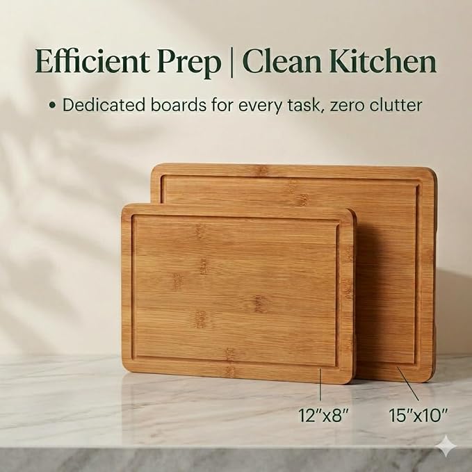 2-Piece Deep Carbonized Bamboo Cutting Board Set with Vertical Drying Stand | Wooden Chopping Boards for Kitchen | Extra Deep Juice Grooves & Easy-Carry Side Handles | Gift-Ready