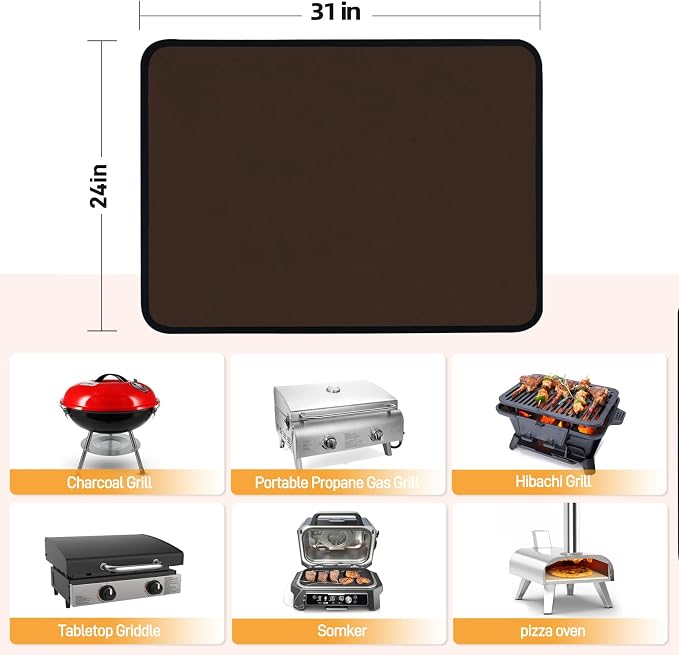 Heat Resistant Mats for Countertop fits Tabletop Grill, 31x24x0.04in, Brown | 1022℉ Fireproof grill mat for countertop/table protection, fits gas/charcoal grills, pizza ovens, fits Blackstone & Ninja