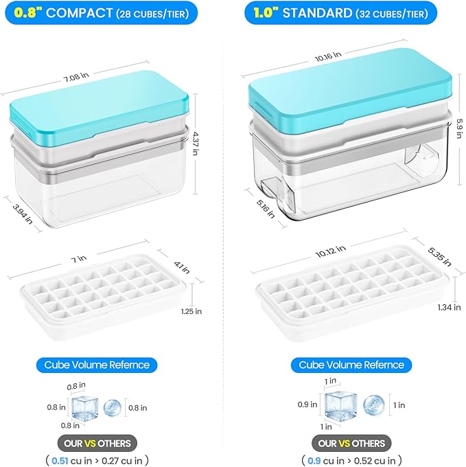 1.0" Ice Cube Tray with Lid and Bin, PHINOX 64 Cubes Ice Trays for Freezer, Ice Cube Trays for Freezer with 2 trays, Container, Lid & Ice Scoop, BPA Free, Blue(32Cubes/Tier)