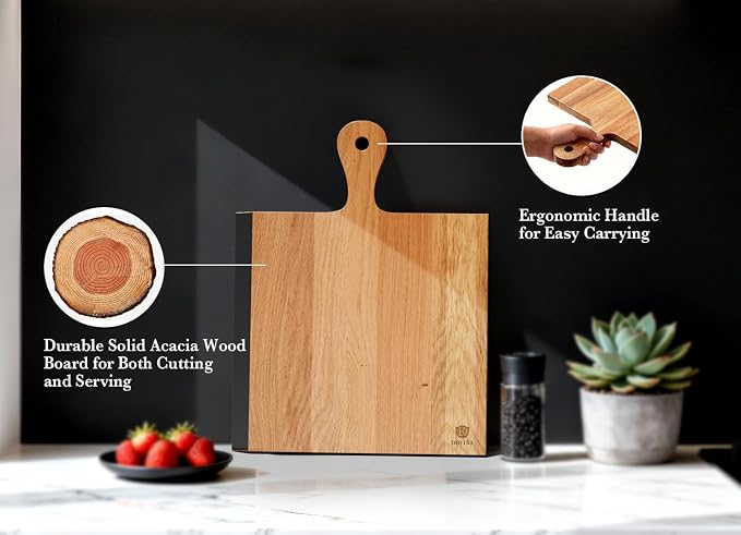 Acacia Wood Cutting Board with Handle, 2-in-1 Reversible Charcuterie Board & Chopping Board, Large 17"x13" Chalkboard Edge Serving Board for Meat & Cheese, Fruit and Nuts, Christmas Gift
