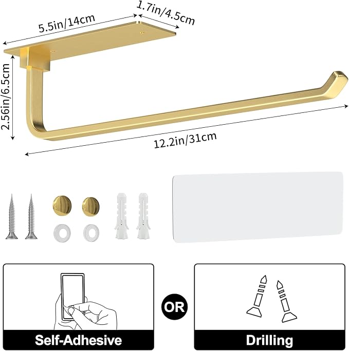 Paper Towel Holder - Self-Adhesive or Drilling, Gold | Under-Cabinet or Wall-Mounted | Kitchen Roll Dispenser | Upgraded Aluminum | Lighter Yet Stronger Than Stainless Steel