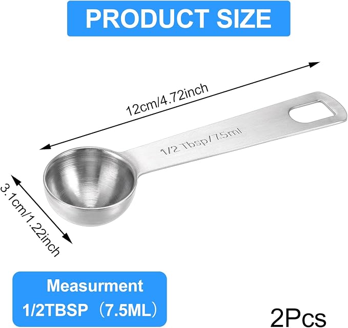 2 Pcs 1/2 Tablespoon Measuring Spoon - Stainless Steel Teaspoons (7.5ml) Coffee Scoop and Tablespoon Measuring Spoon - Metal Kitchen Gadgets for Cooking and Baking