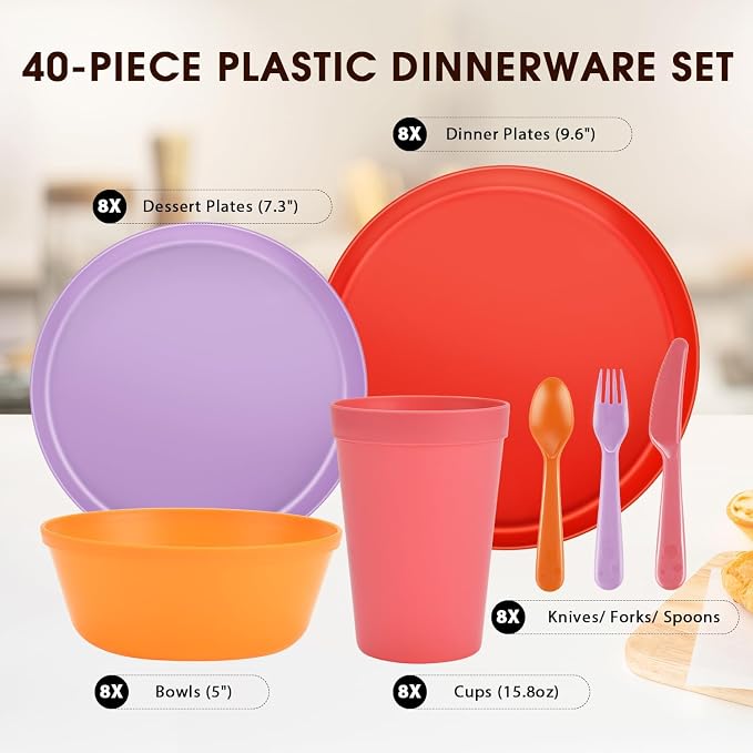 40 Piece Plastic Dinnerware Set for 8 with Cutlery, Unbreakable Plates and Bowls Set, Dishwasher & Microwave Safe Reusable Dish Set for Camping, RV, Outdoor Kitchen, Apartment Dining,Sunset Multicolor