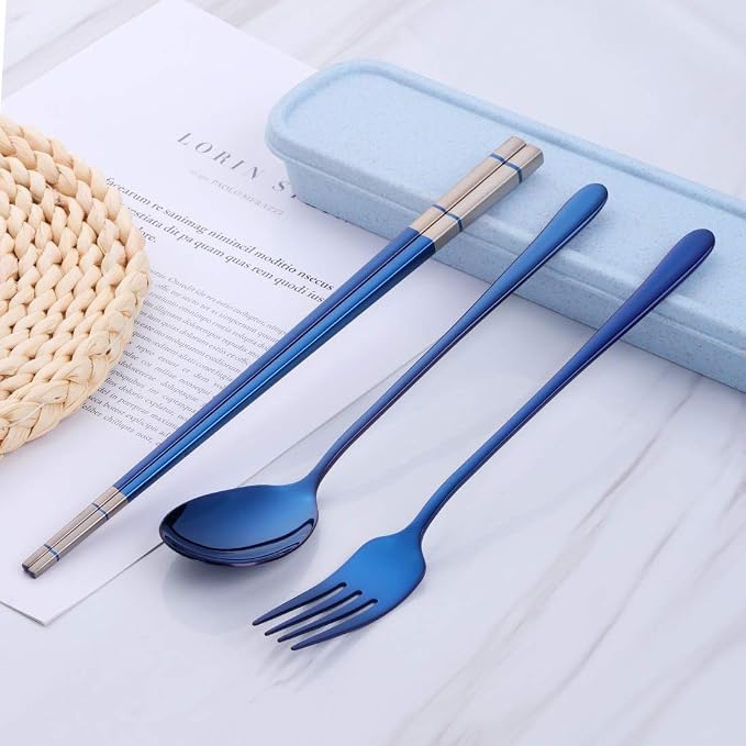 3 PCS Stainless Steel Travel Camping Flatware Set Fork Spoon Chopsticks with Portable Case, Blue