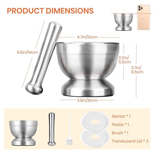 Tera 18/8 Stainless Steel Mortar and Pestle with Brush Spice Grinder Pill Crusher Herb Bowl Pesto Powder 1.5 Cup 350ml